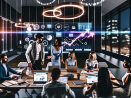 Dynamisches PR-Team analysiert aktuelle Daten, Diagramme und Keyword-Rankings vor großen Bildschirmen im modernen Büro.