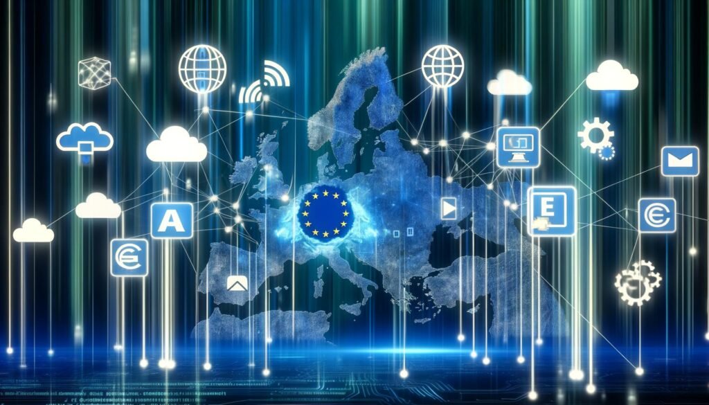 Moderne Collage zeigt digitale Souveränität Europas mit vernetzter Infrastruktur, Cloud- und KI-Symbolen, leuchtenden europäischen Tech-Icons und verblassten US- und China-Technologielogos im Hintergrund.