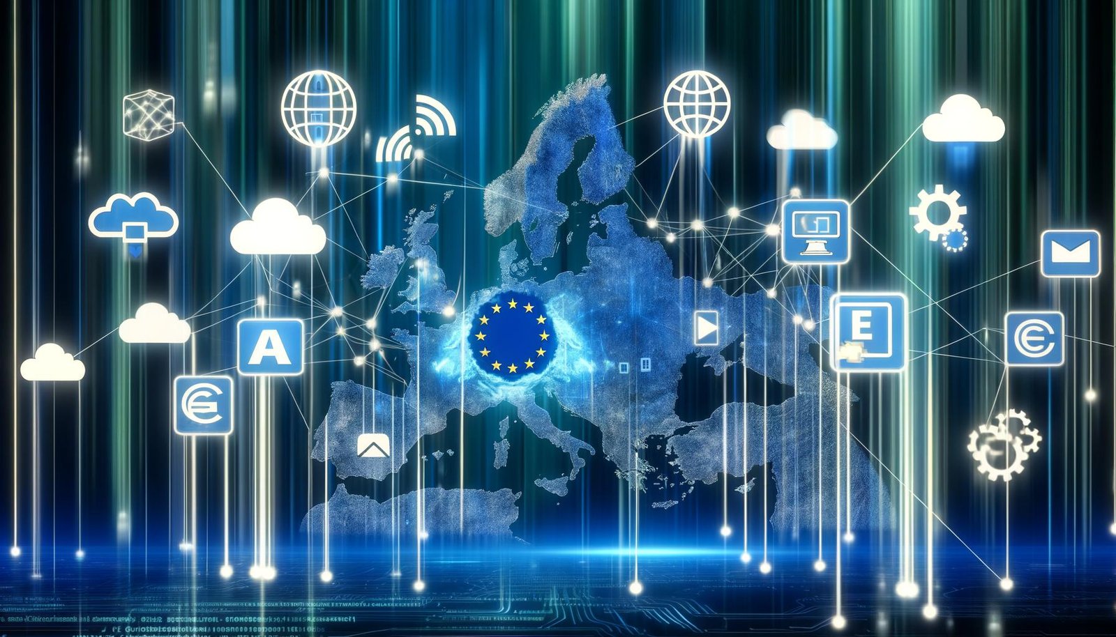 Moderne Collage zeigt digitale Souveränität Europas mit vernetzter Infrastruktur, Cloud- und KI-Symbolen, leuchtenden europäischen Tech-Icons und verblassten US- und China-Technologielogos im Hintergrund.