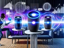 Futuristisches Titelbild mit smarten Speakern, Marketerin am Tablet und schwebenden Marketing-Icons in energiegeladener Tech-Atmosphäre