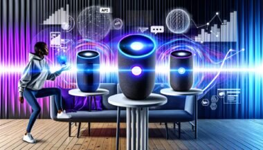 Futuristisches Titelbild mit smarten Speakern, Marketerin am Tablet und schwebenden Marketing-Icons in energiegeladener Tech-Atmosphäre
