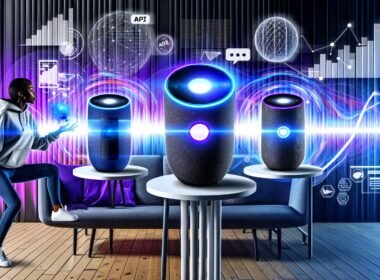 Futuristisches Titelbild mit smarten Speakern, Marketerin am Tablet und schwebenden Marketing-Icons in energiegeladener Tech-Atmosphäre