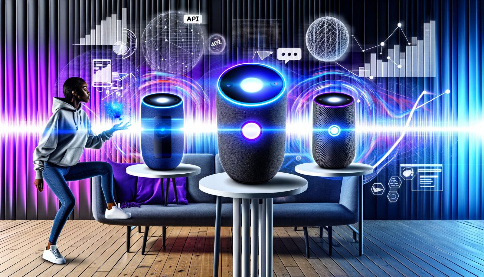 Futuristisches Titelbild mit smarten Speakern, Marketerin am Tablet und schwebenden Marketing-Icons in energiegeladener Tech-Atmosphäre