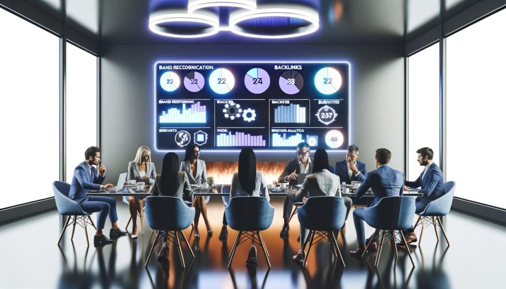 Moderne Konferenzraumszene mit diversen Fachleuten, die sich auf ein Dashboard mit Datenvisualisierungen wie Balkendiagrammen, Liniendiagrammen und Netzwerk-Maps konzentrieren. Im Hintergrund leuchtet das 404 Magazine-Logo.