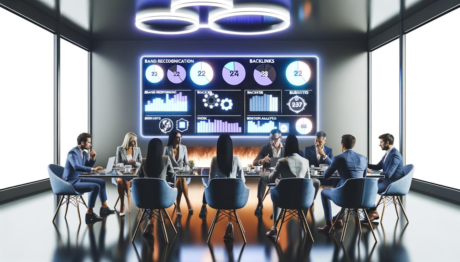 Moderne Konferenzraumszene mit diversen Fachleuten, die sich auf ein Dashboard mit Datenvisualisierungen wie Balkendiagrammen, Liniendiagrammen und Netzwerk-Maps konzentrieren. Im Hintergrund leuchtet das 404 Magazine-Logo.