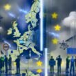Zersplitterte Europakarte mit Symbolen von AWS, Google, Microsoft und chinesischen Tech-Logos. EU-Unternehmer mit Laptops und EU-Flaggen schauen auf fremdgesteuerte Clouds, während europäische Technik durch Zugangsbeschränkungen gekennzeichnet ist.
