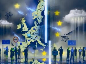 Zersplitterte Europakarte mit Symbolen von AWS, Google, Microsoft und chinesischen Tech-Logos. EU-Unternehmer mit Laptops und EU-Flaggen schauen auf fremdgesteuerte Clouds, während europäische Technik durch Zugangsbeschränkungen gekennzeichnet ist.