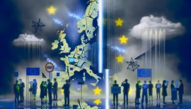Zersplitterte Europakarte mit Symbolen von AWS, Google, Microsoft und chinesischen Tech-Logos. EU-Unternehmer mit Laptops und EU-Flaggen schauen auf fremdgesteuerte Clouds, während europäische Technik durch Zugangsbeschränkungen gekennzeichnet ist.