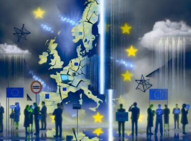 Zersplitterte Europakarte mit Symbolen von AWS, Google, Microsoft und chinesischen Tech-Logos. EU-Unternehmer mit Laptops und EU-Flaggen schauen auf fremdgesteuerte Clouds, während europäische Technik durch Zugangsbeschränkungen gekennzeichnet ist.