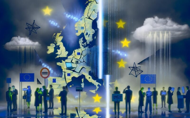 Zersplitterte Europakarte mit Symbolen von AWS, Google, Microsoft und chinesischen Tech-Logos. EU-Unternehmer mit Laptops und EU-Flaggen schauen auf fremdgesteuerte Clouds, während europäische Technik durch Zugangsbeschränkungen gekennzeichnet ist.