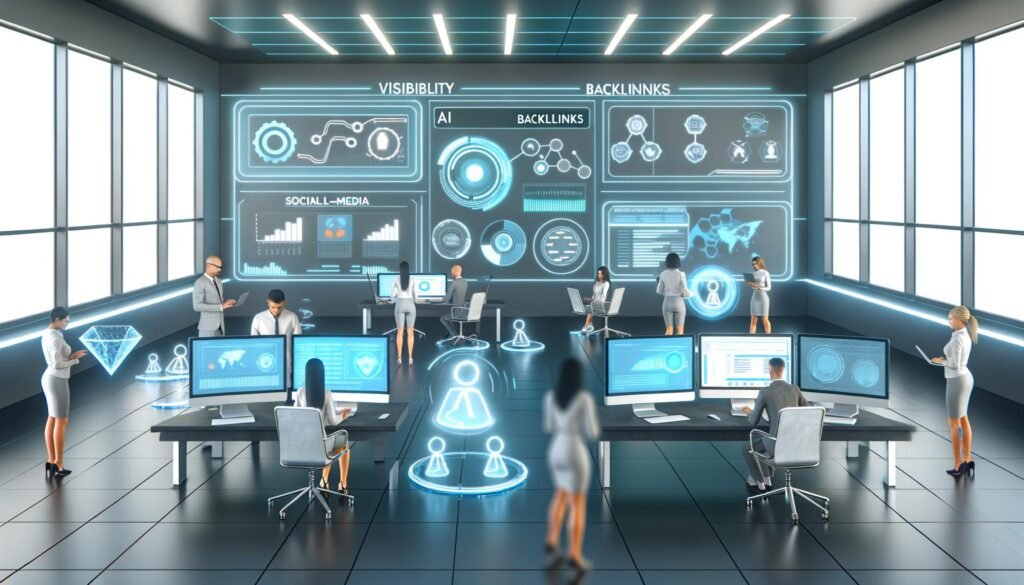 Stilvolles, modernes Büro mit digitalen Dashboards, jungen Menschen an Laptops, holografischen Symbolen für Automatisierung, KI und SEO sowie Grafiken zu digitalen PR-Prozessen an den Wänden.