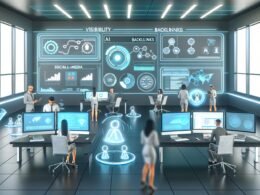 Stilvolles, modernes Büro mit digitalen Dashboards, jungen Menschen an Laptops, holografischen Symbolen für Automatisierung, KI und SEO sowie Grafiken zu digitalen PR-Prozessen an den Wänden.