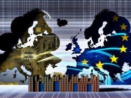 Digitale Europakarte mit Schaltkreisen und Cloud-Icons, abgeschirmt durch EU-Sterne vor übermächtigen digitalen Schatten der USA und Chinas.