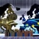 Digitale Europakarte mit Schaltkreisen und Cloud-Icons, abgeschirmt durch EU-Sterne vor übermächtigen digitalen Schatten der USA und Chinas.