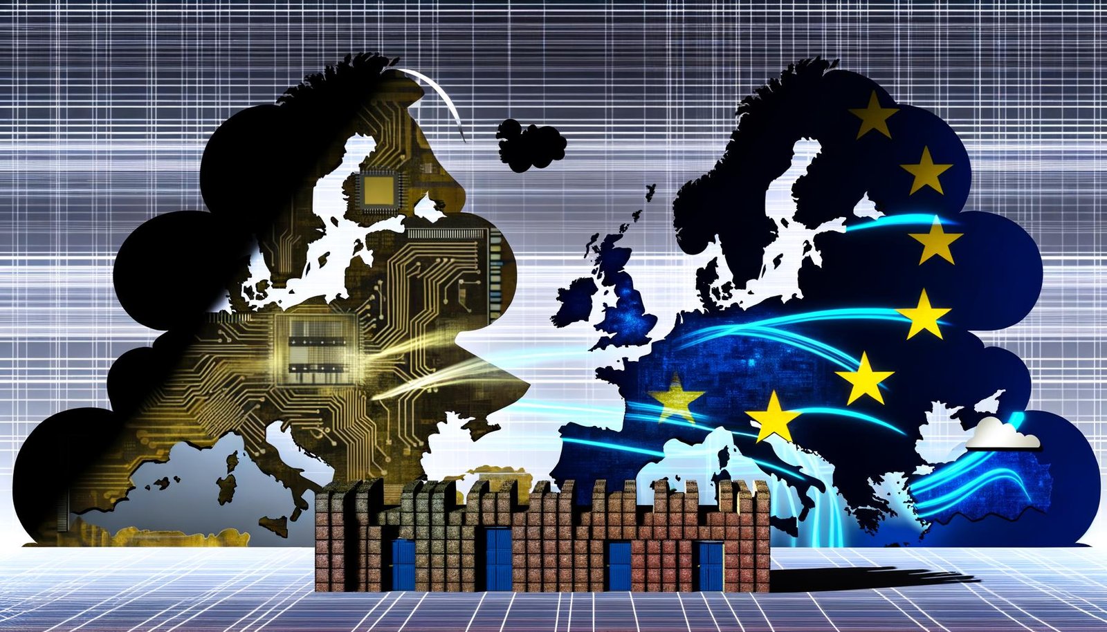 Digitale Europakarte mit Schaltkreisen und Cloud-Icons, abgeschirmt durch EU-Sterne vor übermächtigen digitalen Schatten der USA und Chinas.