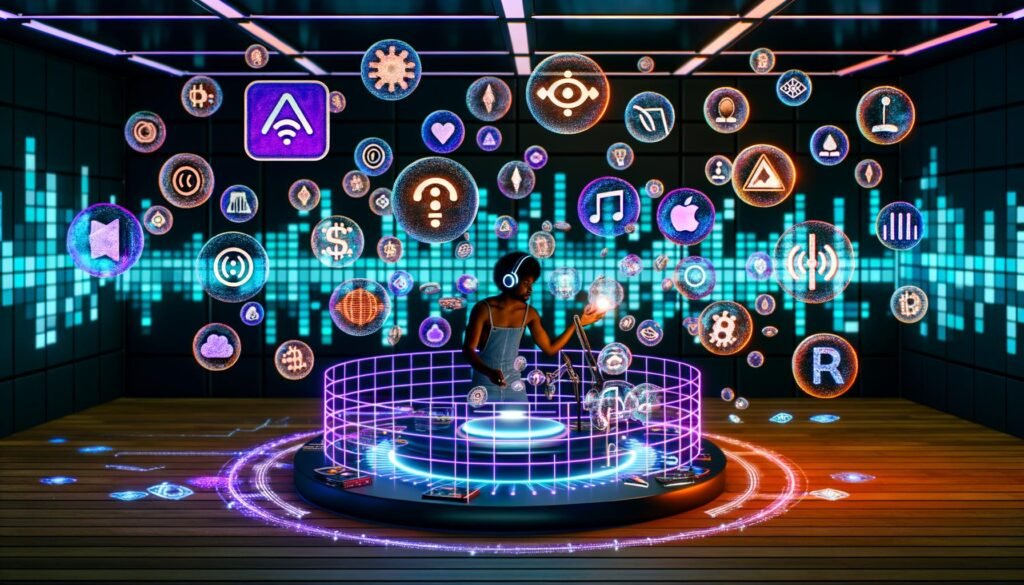 Futuristisches Podcast-Studio mit Creator, digitalen Audio-Wellen, schwebenden NFT- und Blockchain-Symbolen sowie dezentralen Netzwerken. Verblasste Logos traditioneller Plattformen im Hintergrund werden von strahlenden Web3-Ketten überstrahlt.