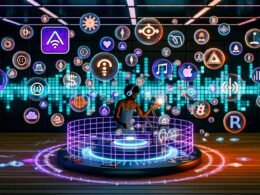 Futuristisches Podcast-Studio mit Creator, digitalen Audio-Wellen, schwebenden NFT- und Blockchain-Symbolen sowie dezentralen Netzwerken. Verblasste Logos traditioneller Plattformen im Hintergrund werden von strahlenden Web3-Ketten überstrahlt.