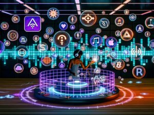 Futuristisches Podcast-Studio mit Creator, digitalen Audio-Wellen, schwebenden NFT- und Blockchain-Symbolen sowie dezentralen Netzwerken. Verblasste Logos traditioneller Plattformen im Hintergrund werden von strahlenden Web3-Ketten überstrahlt.