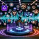 Futuristisches Podcast-Studio mit Creator, digitalen Audio-Wellen, schwebenden NFT- und Blockchain-Symbolen sowie dezentralen Netzwerken. Verblasste Logos traditioneller Plattformen im Hintergrund werden von strahlenden Web3-Ketten überstrahlt.
