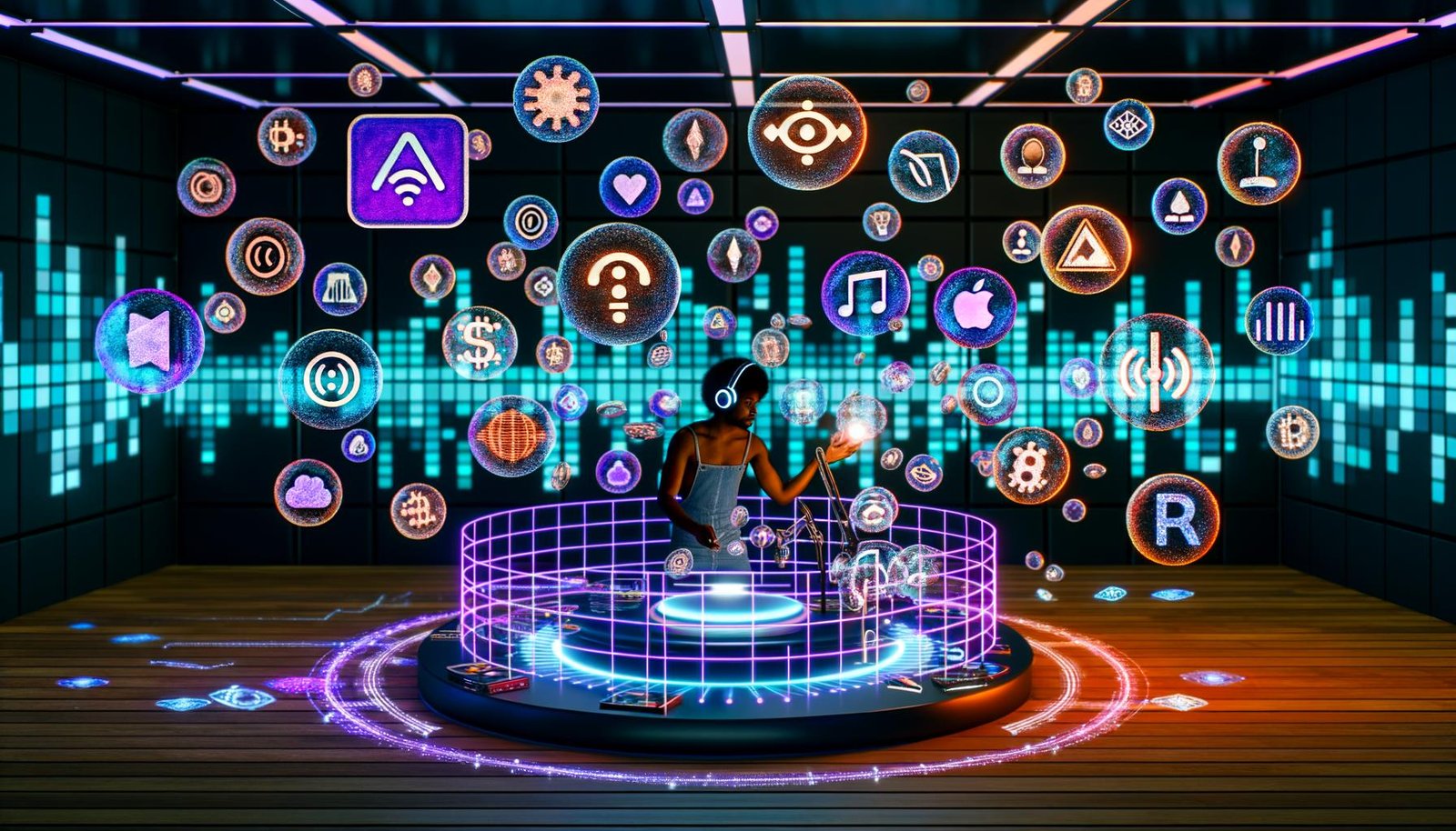 Futuristisches Podcast-Studio mit Creator, digitalen Audio-Wellen, schwebenden NFT- und Blockchain-Symbolen sowie dezentralen Netzwerken. Verblasste Logos traditioneller Plattformen im Hintergrund werden von strahlenden Web3-Ketten überstrahlt.