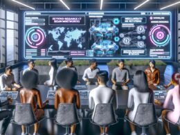 Junges, diverses Team im modernen Büro vor digitalen Dashboards mit SEO-Analysen, Keyword-Maps und Social-Media-Überwachung in dynamischer Arbeitsatmosphäre.