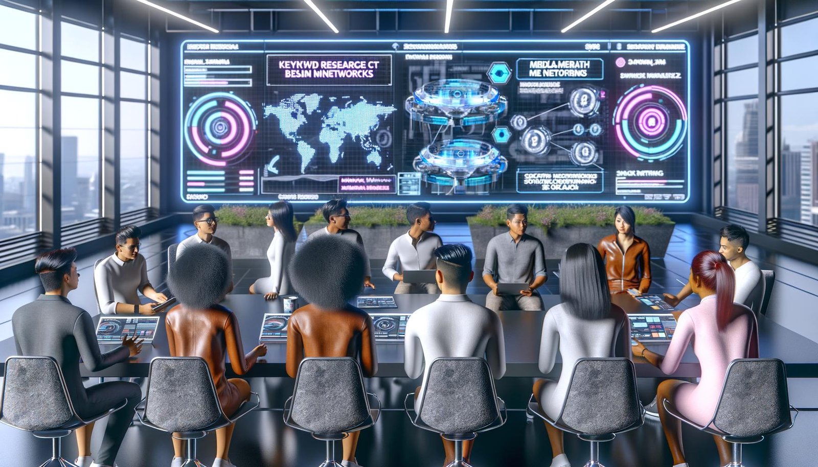 Junges, diverses Team im modernen Büro vor digitalen Dashboards mit SEO-Analysen, Keyword-Maps und Social-Media-Überwachung in dynamischer Arbeitsatmosphäre.