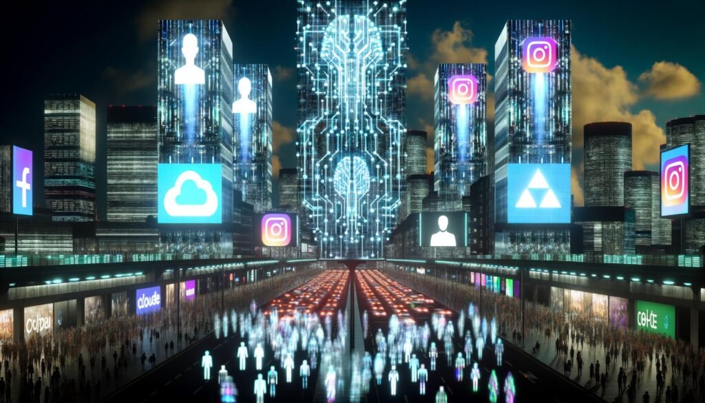 Dystopische Skyline 2025 mit digitalen Werbetafeln, verschwindenden Menschen und übermächtigen KI- und Tech-Symbolen