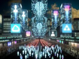 Dystopische Skyline 2025 mit digitalen Werbetafeln, verschwindenden Menschen und übermächtigen KI- und Tech-Symbolen