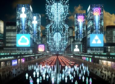 Dystopische Skyline 2025 mit digitalen Werbetafeln, verschwindenden Menschen und übermächtigen KI- und Tech-Symbolen