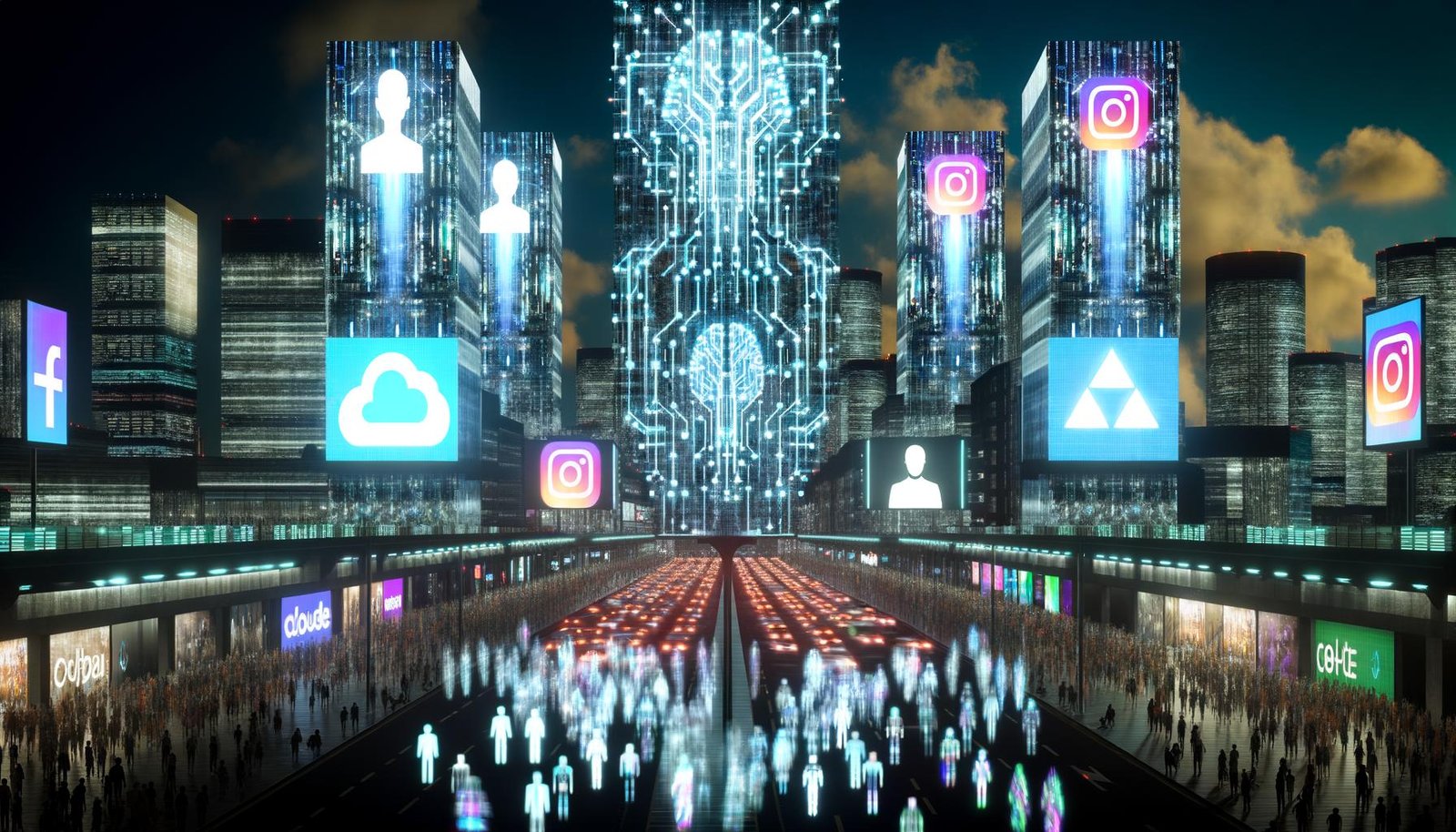 Dystopische Skyline 2025 mit digitalen Werbetafeln, verschwindenden Menschen und übermächtigen KI- und Tech-Symbolen