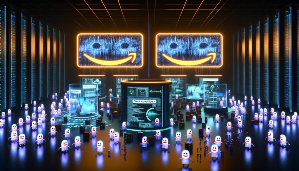 Futuristischer Serverraum bei Nacht mit riesigen Amazon-artigen Werbetafeln, Bots mit digitalen Gesichtern, Advertisern hinter KI-gesteuerten Pulten und Datenströmen im Hintergrund.