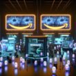 Futuristischer Serverraum bei Nacht mit riesigen Amazon-artigen Werbetafeln, Bots mit digitalen Gesichtern, Advertisern hinter KI-gesteuerten Pulten und Datenströmen im Hintergrund.