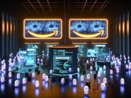 Futuristischer Serverraum bei Nacht mit riesigen Amazon-artigen Werbetafeln, Bots mit digitalen Gesichtern, Advertisern hinter KI-gesteuerten Pulten und Datenströmen im Hintergrund.