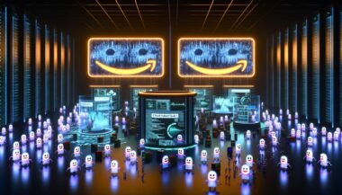 Futuristischer Serverraum bei Nacht mit riesigen Amazon-artigen Werbetafeln, Bots mit digitalen Gesichtern, Advertisern hinter KI-gesteuerten Pulten und Datenströmen im Hintergrund.