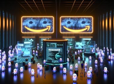 Futuristischer Serverraum bei Nacht mit riesigen Amazon-artigen Werbetafeln, Bots mit digitalen Gesichtern, Advertisern hinter KI-gesteuerten Pulten und Datenströmen im Hintergrund.