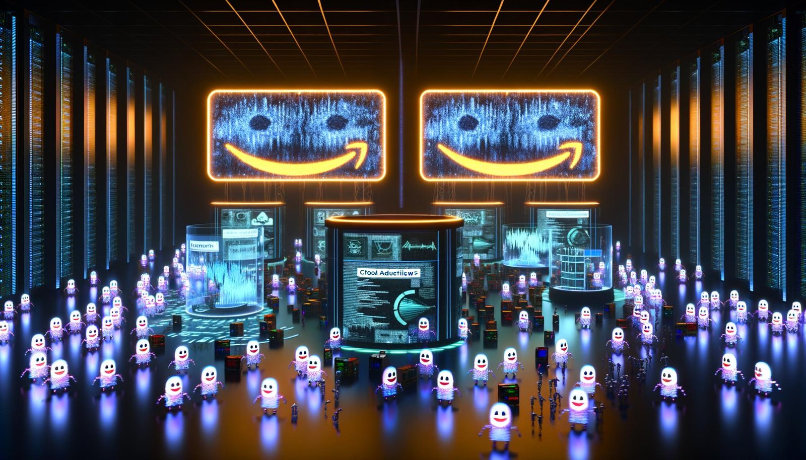 Futuristischer Serverraum bei Nacht mit riesigen Amazon-artigen Werbetafeln, Bots mit digitalen Gesichtern, Advertisern hinter KI-gesteuerten Pulten und Datenströmen im Hintergrund.