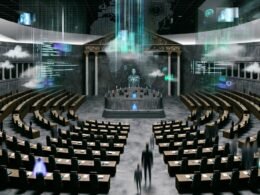 Futuristische Parlamentskammer mit riesigen, abstrakten KI-Interfaces, schwebenden Bildschirmen und Datenströmen, klassische Säulen und Podium, umgeben von ratlosen Menschen am Rand.