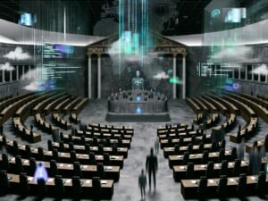 Futuristische Parlamentskammer mit riesigen, abstrakten KI-Interfaces, schwebenden Bildschirmen und Datenströmen, klassische Säulen und Podium, umgeben von ratlosen Menschen am Rand.