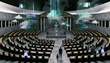 Futuristische Parlamentskammer mit riesigen, abstrakten KI-Interfaces, schwebenden Bildschirmen und Datenströmen, klassische Säulen und Podium, umgeben von ratlosen Menschen am Rand.