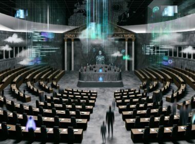 Futuristische Parlamentskammer mit riesigen, abstrakten KI-Interfaces, schwebenden Bildschirmen und Datenströmen, klassische Säulen und Podium, umgeben von ratlosen Menschen am Rand.