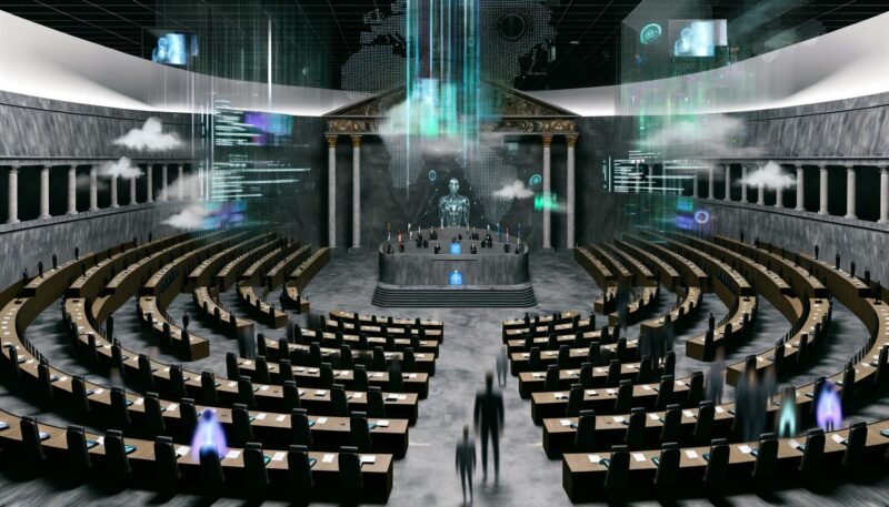 Futuristische Parlamentskammer mit riesigen, abstrakten KI-Interfaces, schwebenden Bildschirmen und Datenströmen, klassische Säulen und Podium, umgeben von ratlosen Menschen am Rand.