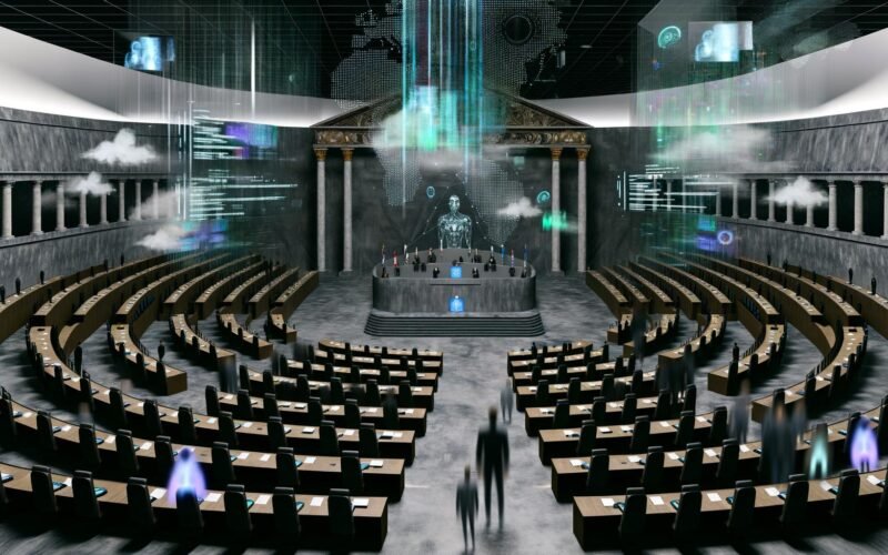 Futuristische Parlamentskammer mit riesigen, abstrakten KI-Interfaces, schwebenden Bildschirmen und Datenströmen, klassische Säulen und Podium, umgeben von ratlosen Menschen am Rand.