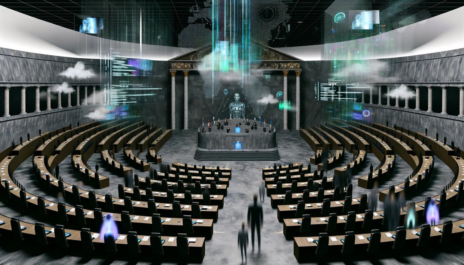 Futuristische Parlamentskammer mit riesigen, abstrakten KI-Interfaces, schwebenden Bildschirmen und Datenströmen, klassische Säulen und Podium, umgeben von ratlosen Menschen am Rand.