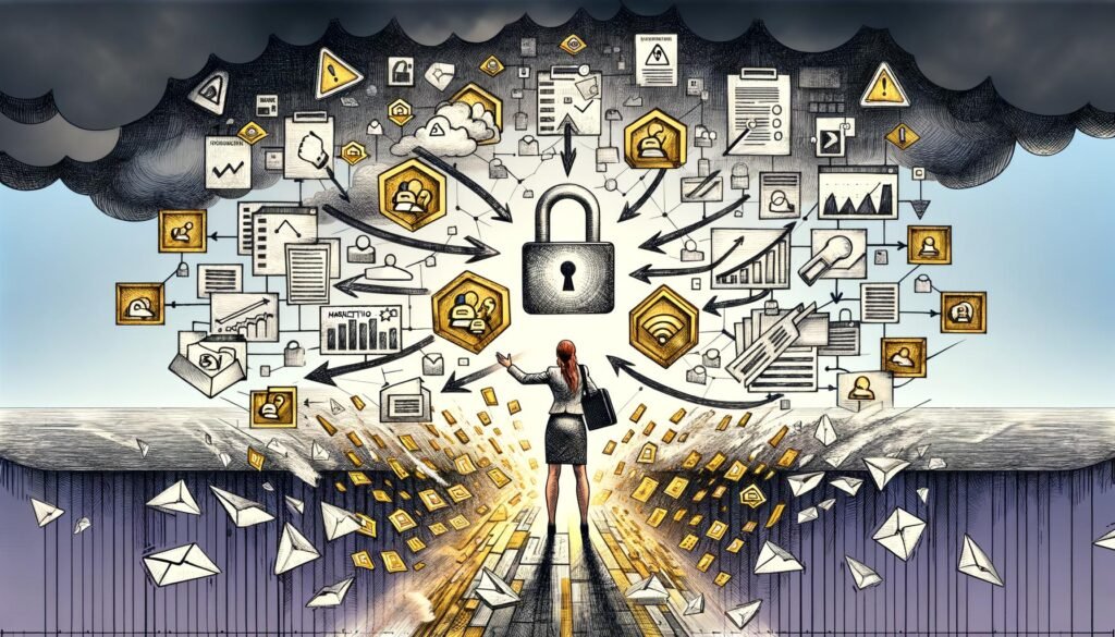 Geschäftsprofi schwimmt durch digitales Datenchaos im Büro mit Warnsymbolen, Datenlecks und Sicherheitscheckliste.