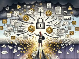 Geschäftsprofi schwimmt durch digitales Datenchaos im Büro mit Warnsymbolen, Datenlecks und Sicherheitscheckliste.