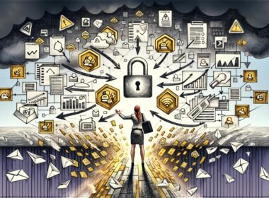 Geschäftsprofi schwimmt durch digitales Datenchaos im Büro mit Warnsymbolen, Datenlecks und Sicherheitscheckliste.