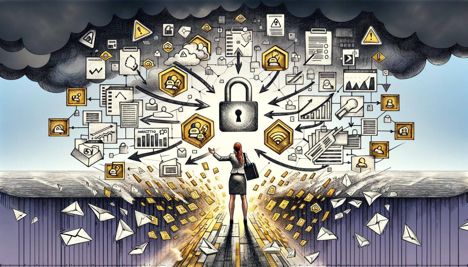 Geschäftsprofi schwimmt durch digitales Datenchaos im Büro mit Warnsymbolen, Datenlecks und Sicherheitscheckliste.