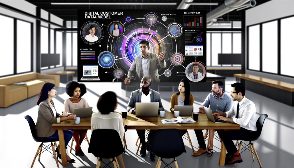 Breitbildaufnahme eines modernen Büros mit einem vielfältigen Marketingteam, das vor einem großen digitalen Display mit komplexem Kundendatenmodell diskutiert. Im Hintergrund dezentes 404 Magazine Branding.