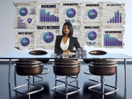 Digitaler Arbeitsplatz eines PR-Profis mit Echtzeit-Dashboards, Metriken wie Backlinks, Brand-Mentions, Traffic und Conversion-Rates, während Hintergrundpapiere mit der Aufschrift 'Vanity Metrics' und 'Old School Clippings' zerknüllt sind.
