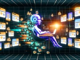 Dramatische digitale Illustration eines Marketers am Amazon Ads Dashboard, der sich mit KI-Schutzschildern gegen Betrug, Bots und Datenmanipulation verteidigt